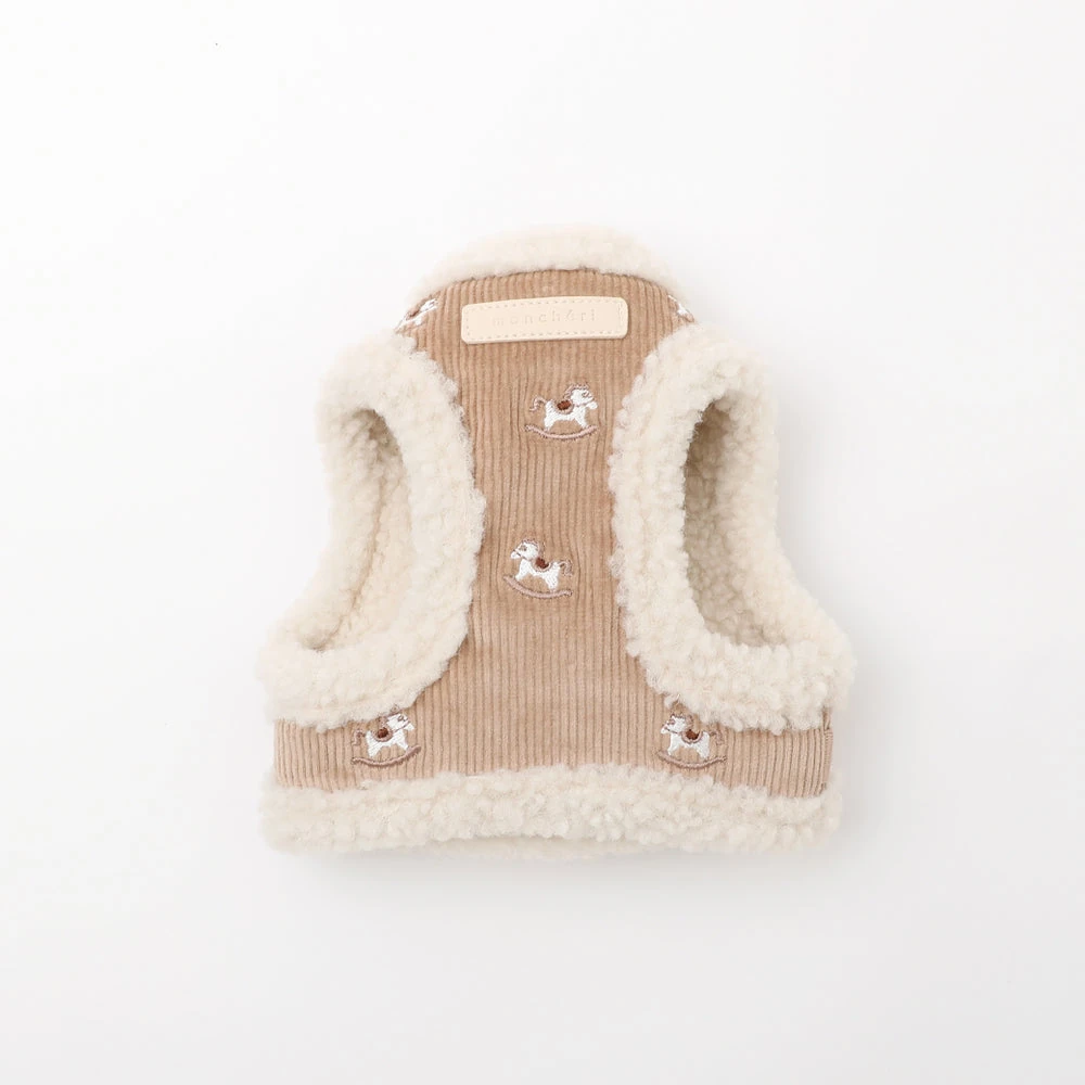 product_image_1763951559.webp 木馬刺繍入りコーデュロイボアハーネス+リードSET【名入れ刺繍対応】 - Image 1